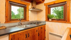 Een keuken met houten kastjes, een gasfornuis, een spoelbak en twee ramen met uitzicht op groen.