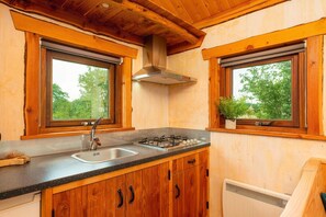 Een keuken met houten kastjes, een gasfornuis, een spoelbak en twee ramen met uitzicht op groen.