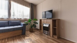 Moderni olohuone, jossa on sohva, puinen tv-taso, takka ja suuri ikkuna, jossa on verhot.