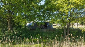 A caravan in a wooded area with trees and grass. - Unique Riverdome Stay with Hot Tub (Zuna)