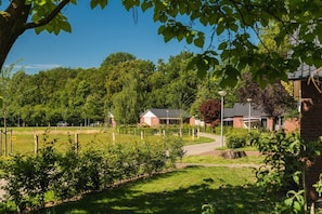 Een landelijke omgeving met een pad dat leidt naar een gebouw met een schuin dak, omgeven door groen en bomen.