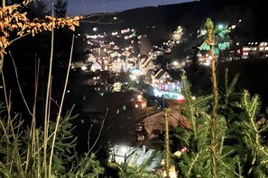Una vista nocturna de un pueblo con edificios iluminados, un río y vegetación circundante.