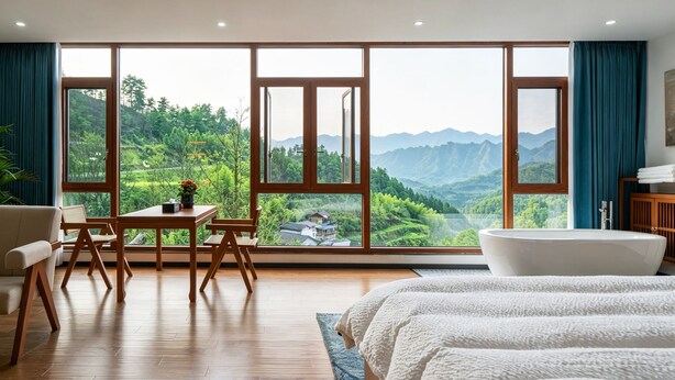 A bedroom with a large window, a bathtub, a bed, a table, and a chair. - Shiyi Tangwan Yangjiajie Lodge (Zhangjiajie)