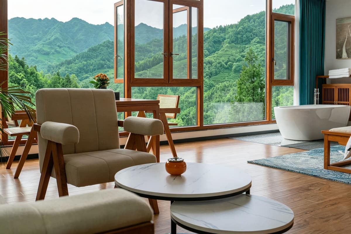 A room with a large window, a bathtub, a round table, and a sofa.