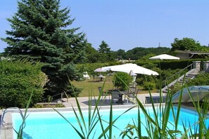 A swimming pool with surrounding greenery, outdoor seating, and a large tree. - Small Island Double Room - Plus (Ostseebad Heringsdorf)