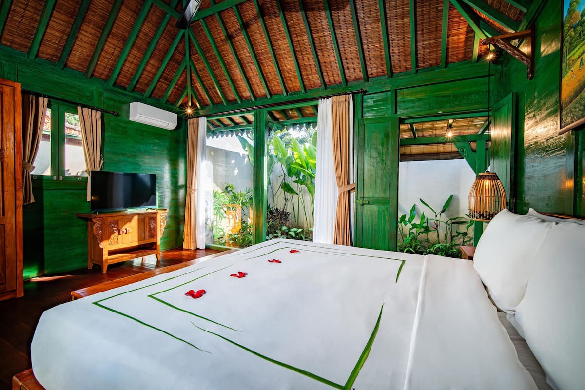 A room with a bed, a TV, and a view of greenery outside.