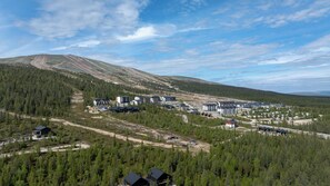 A resort with multiple buildings, a ski slope, and a forested area.