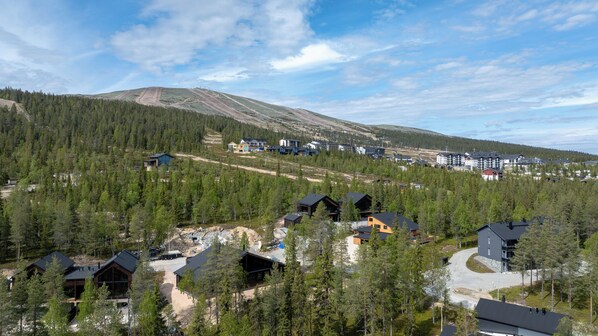 A mountainous area with multiple buildings, some with visible windows and roofs, surrounded by dense forest.