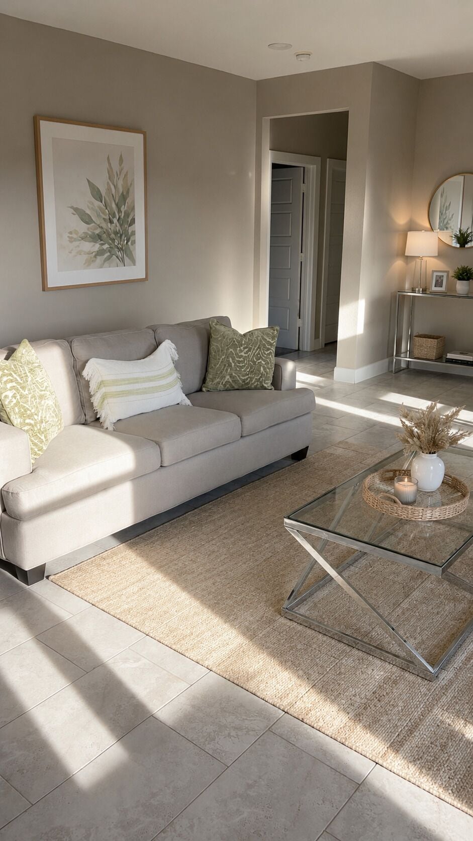 A modern living room with a sofa, a glass coffee table, and a framed plant on the wall.