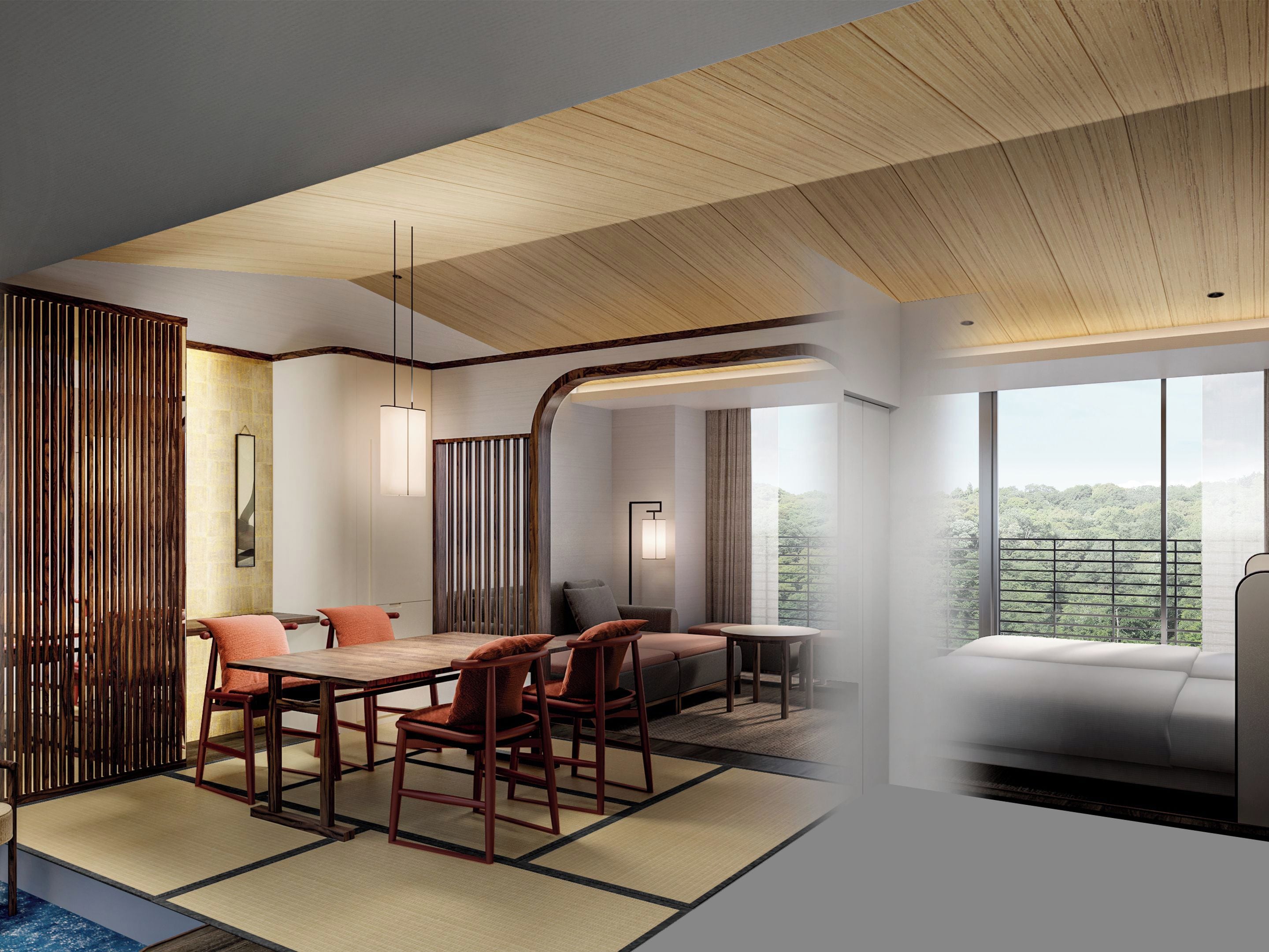 A modern hotel room with a dining area, a sofa, and large windows offering a view.