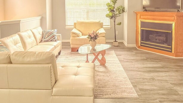 A living room with a sofa, armchair, glass coffee table, fireplace, and a television. - Nyakio Suite - Chesapeake (Chesapeake)