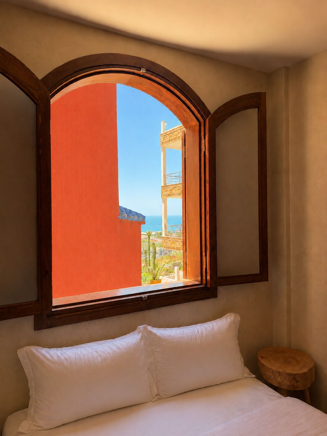 Un dormitorio con cama, ventana de arco y vista a un edificio y una masa de agua.