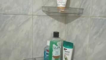 Chuveiro, secador de cabelo, toalhas de banho, sabonete
