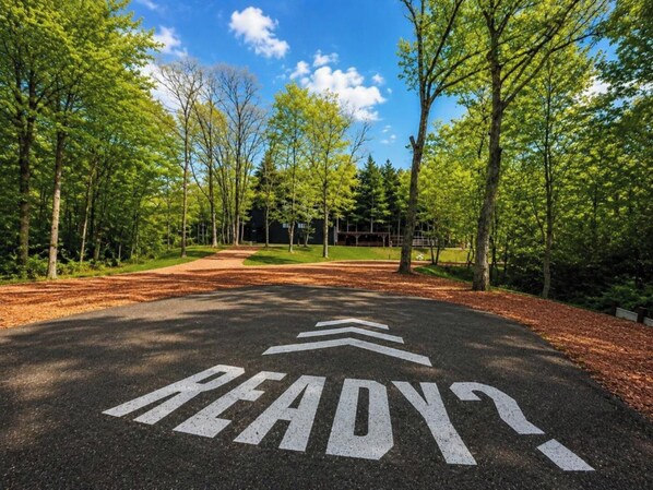 Eine Straße mit der Aufschrift 'READY?', umgeben von Bäumen und einem klaren Himmel.
