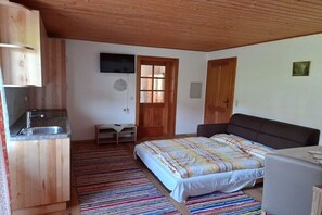 Ein Schlafzimmer mit einem Bett, Holzboden, einer kleinen Küchenzeile, einem an der Wand montierten Fernseher und einer Tür zu einem weiteren Raum.