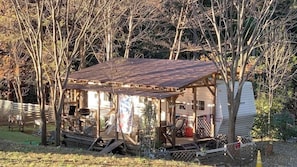 A rustic cabin with a metal roof, surrounded by trees.