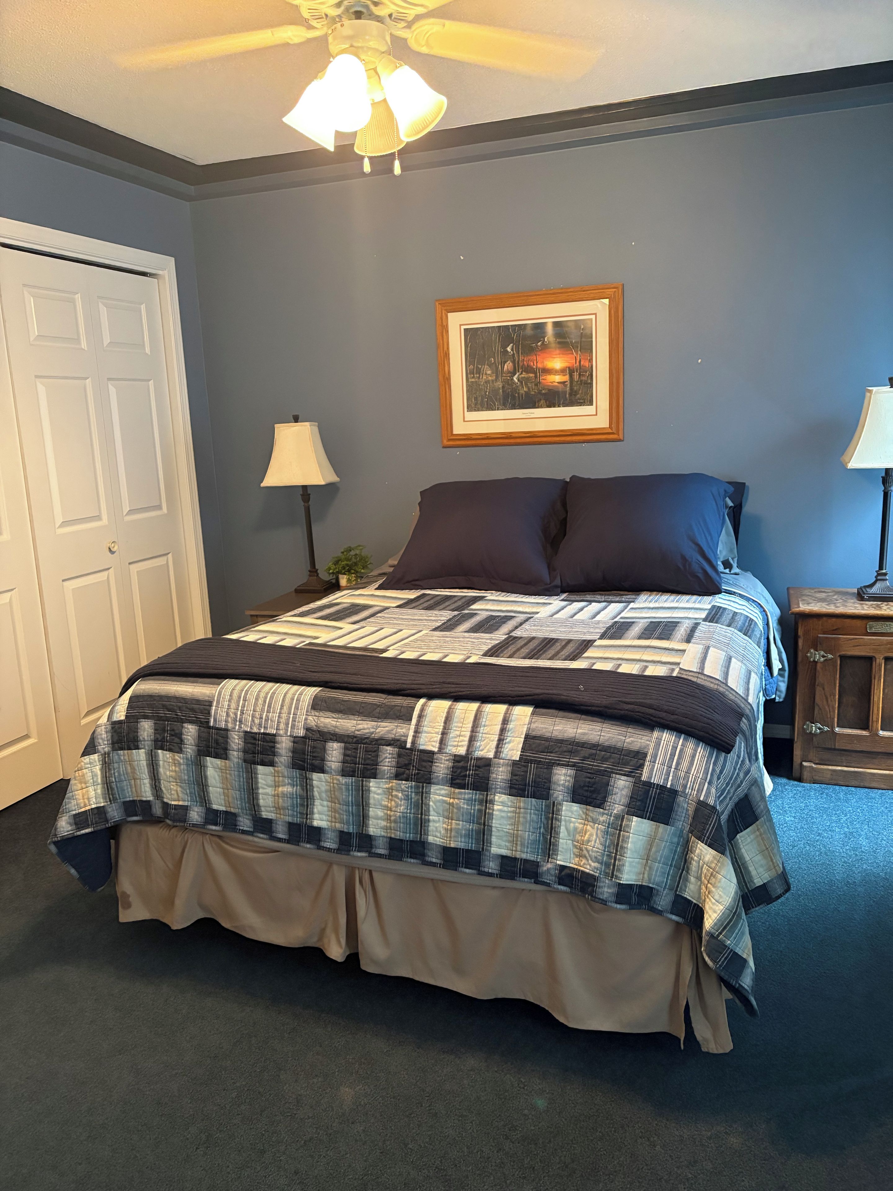Une chambre à coucher avec un lit, un ventilateur de plafond, un tableau encadré au mur et une table de chevet avec une lampe.