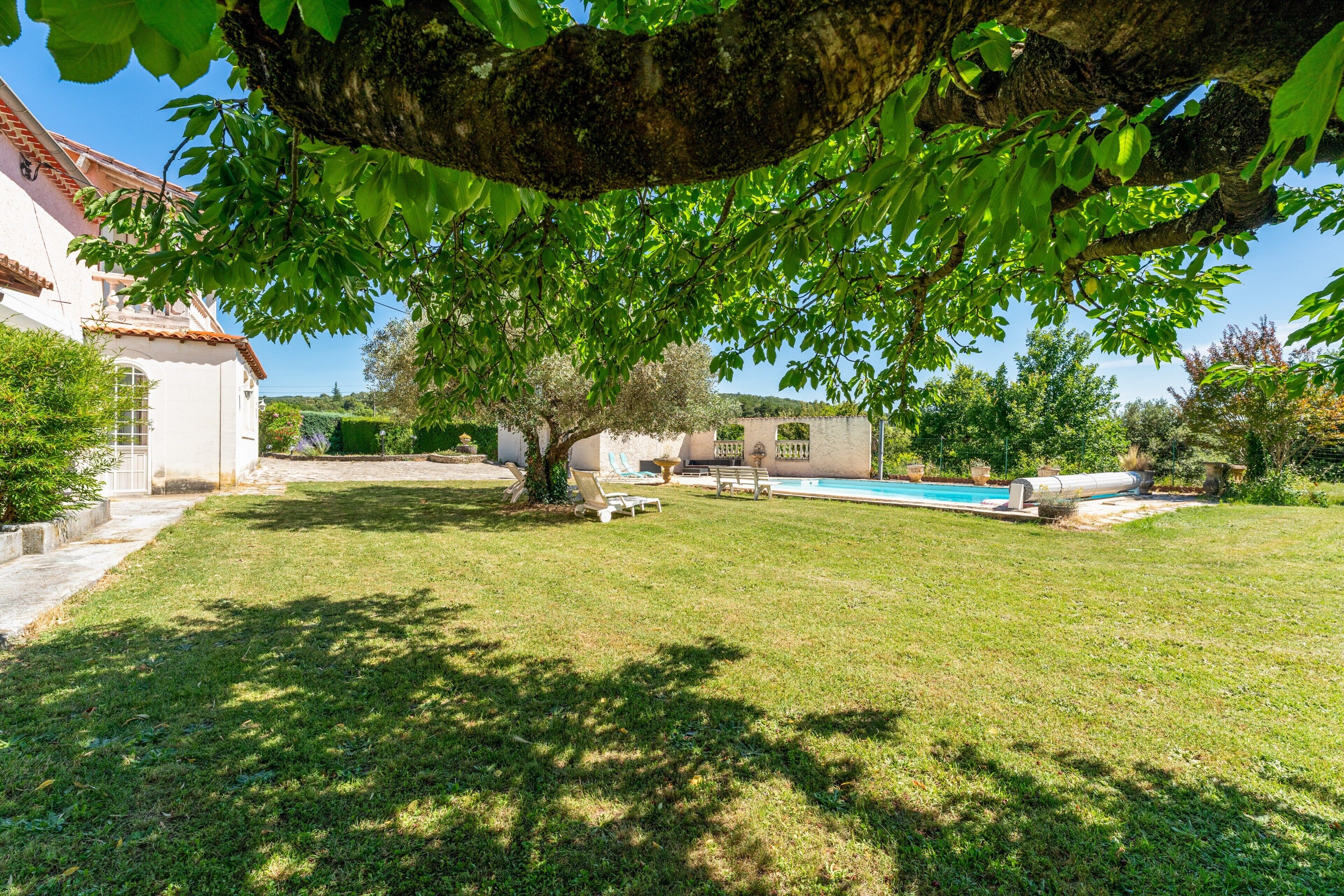 A well-maintained grassy yard with a swimming pool, a tree, and a building with a tiled roof.