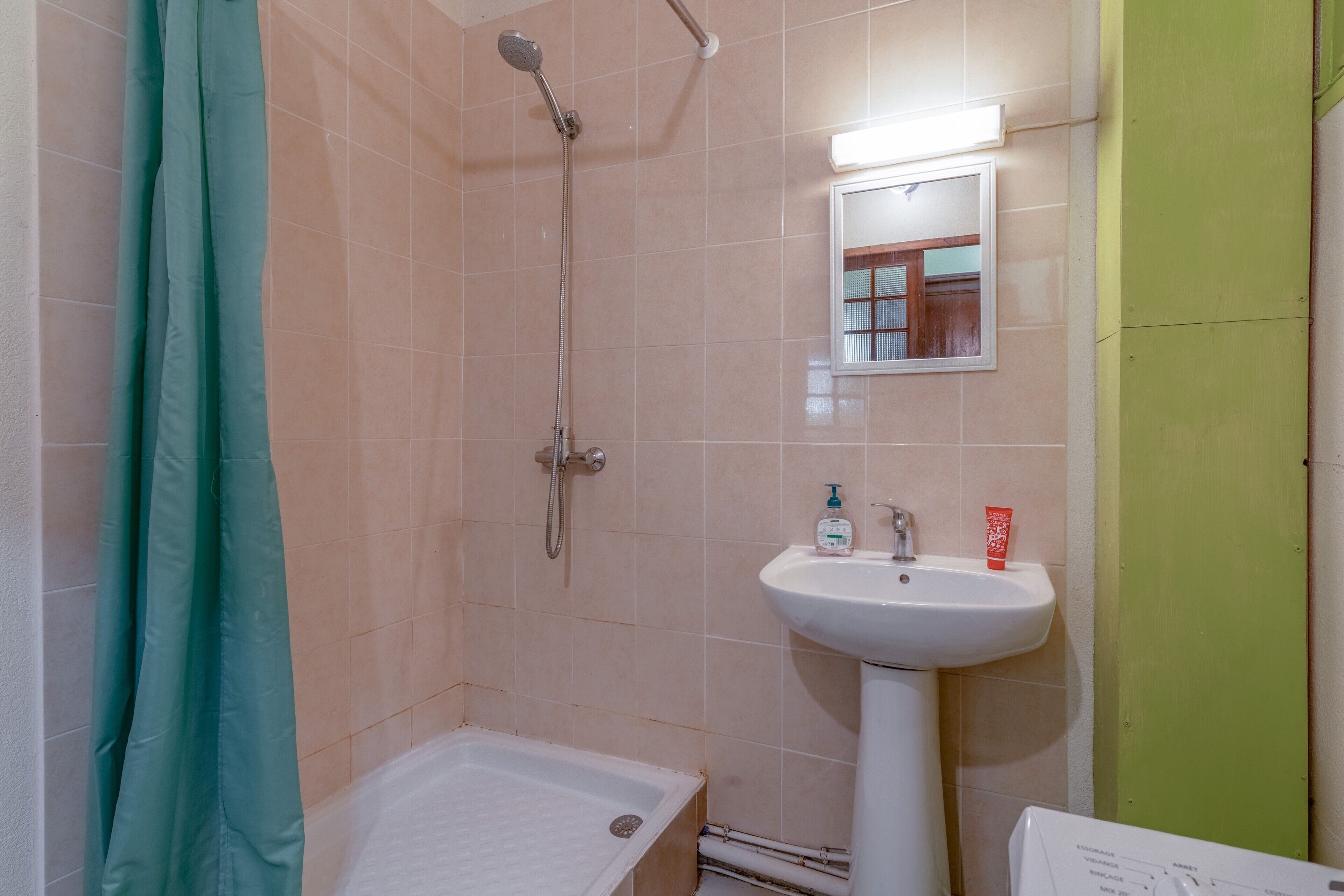 A bathroom with a shower, a sink, and a mirror.