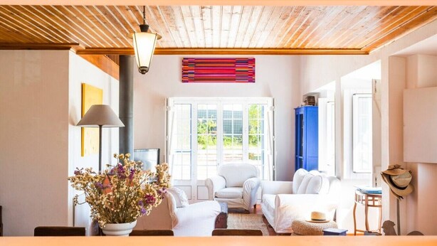 A cozy living room with a wooden ceiling, a white sofa, a coffee table, and a potted plant. - Country Escape, Pool, BBQ, Pizza Oven & Games Barn (Pontével)