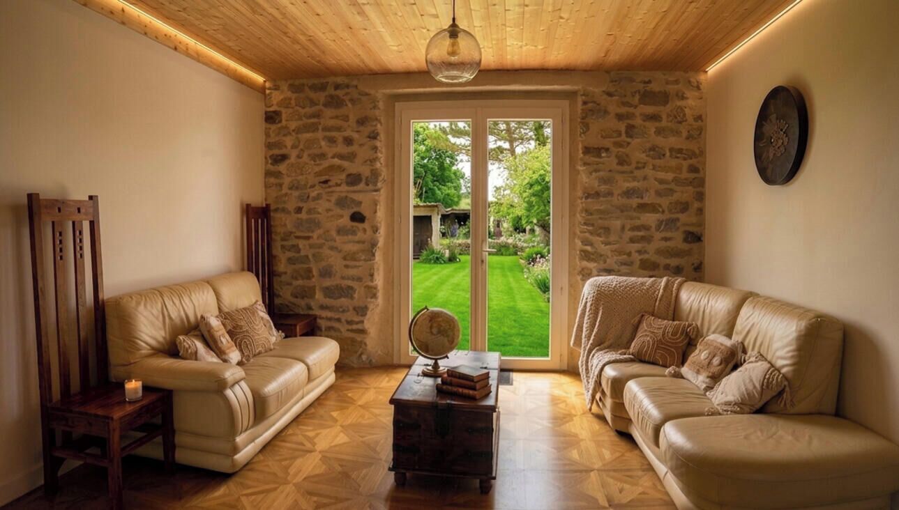 Una habitación con dos sofás de cuero, una mesa de centro de madera con un globo terráqueo y una pared de piedra.