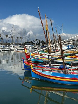 A marina with various boats docked, calm water, and a clear sky. - View of port and sea (Le Barcarès)