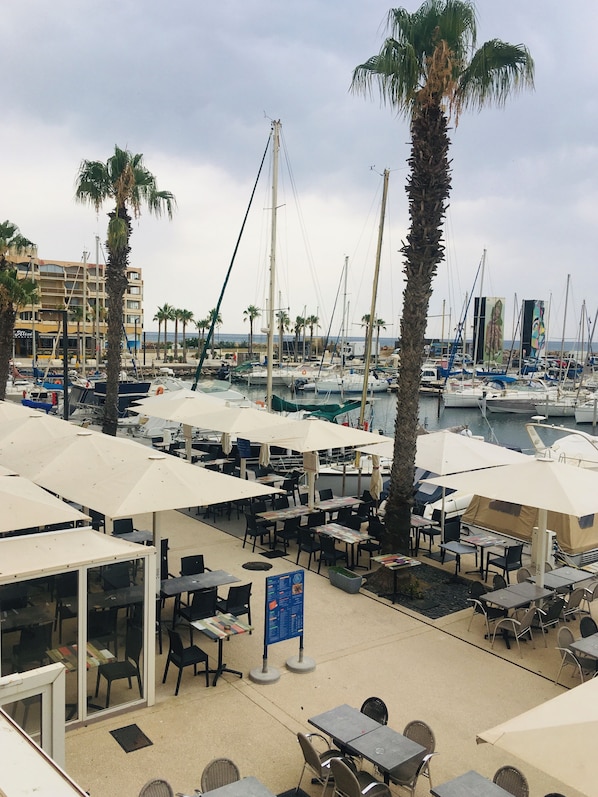 A marina with boats, palm trees, and outdoor seating areas. - View of port and sea (Le Barcarès)