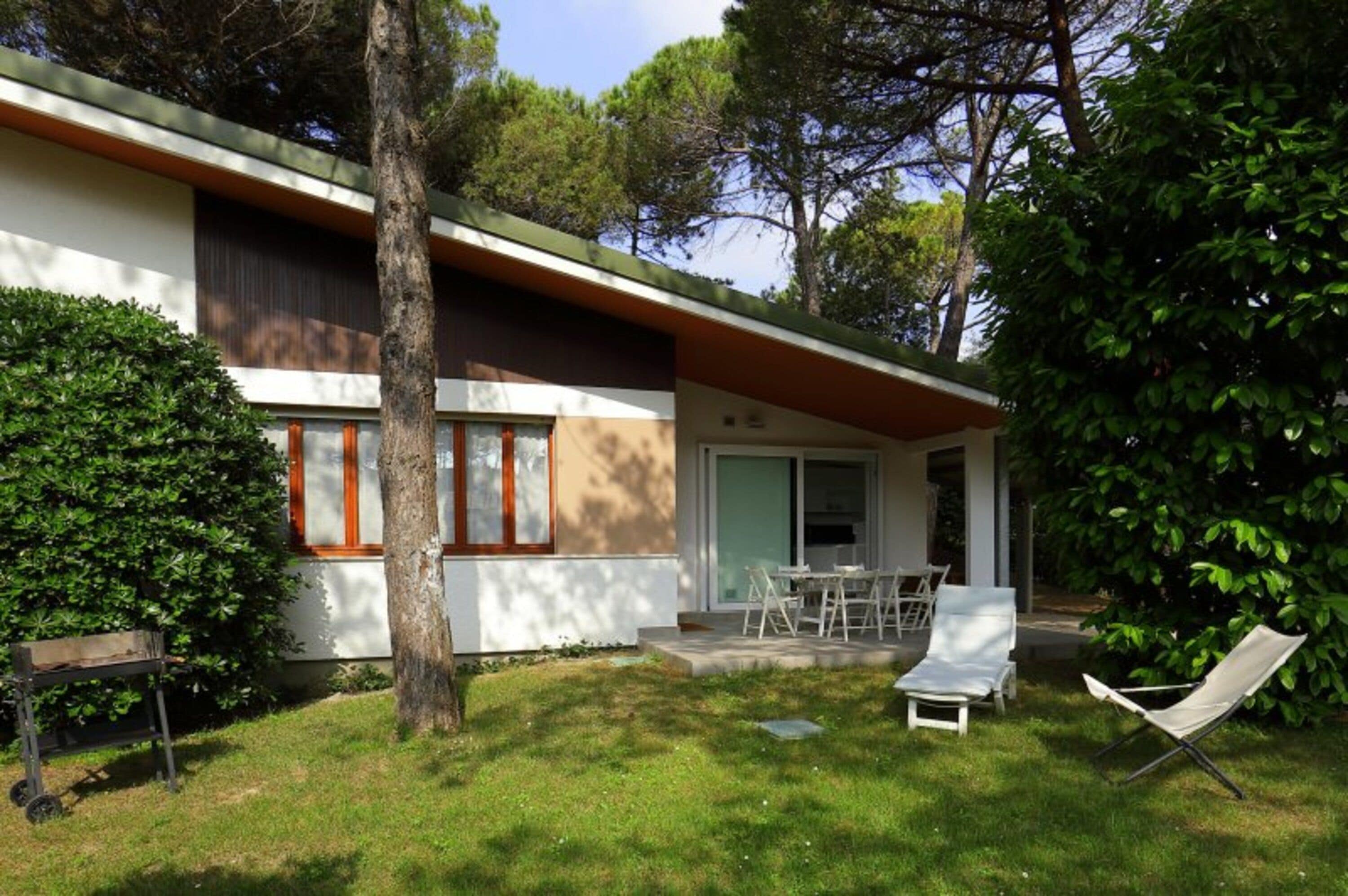 A modern house with a covered patio, a lawn, and a tree.
