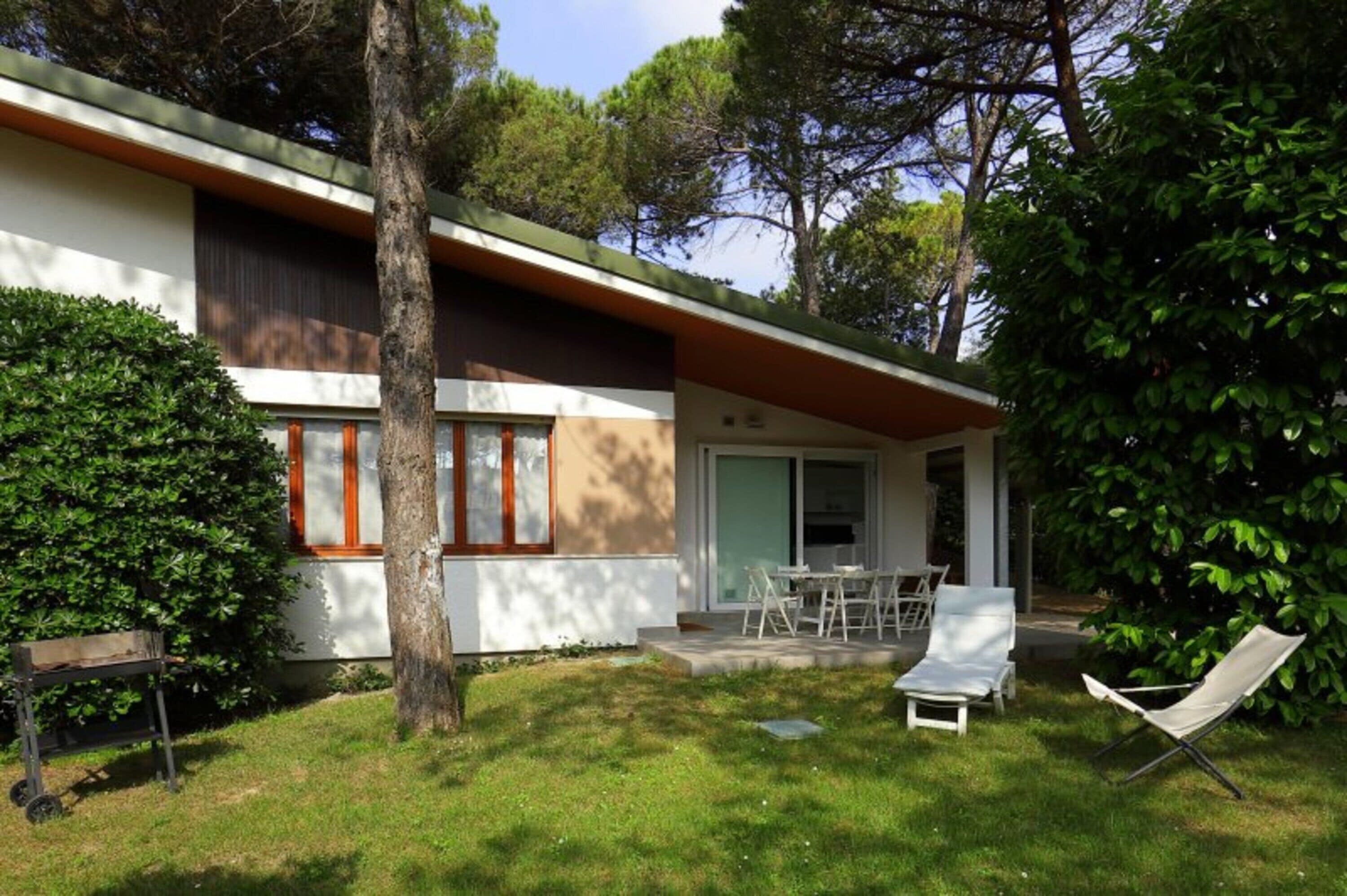 A modern house with a covered patio, a lawn, and a tree.