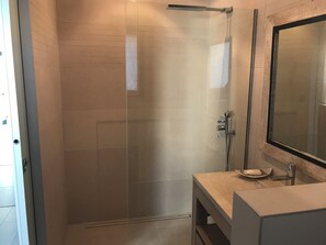 Une salle de bain moderne avec une douche à parois de verre, un lavabo avec un porte-savon et un grand miroir.