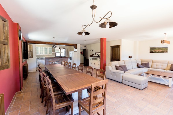 A spacious living area with a long wooden dining table, a sofa set, and a kitchen in the background.