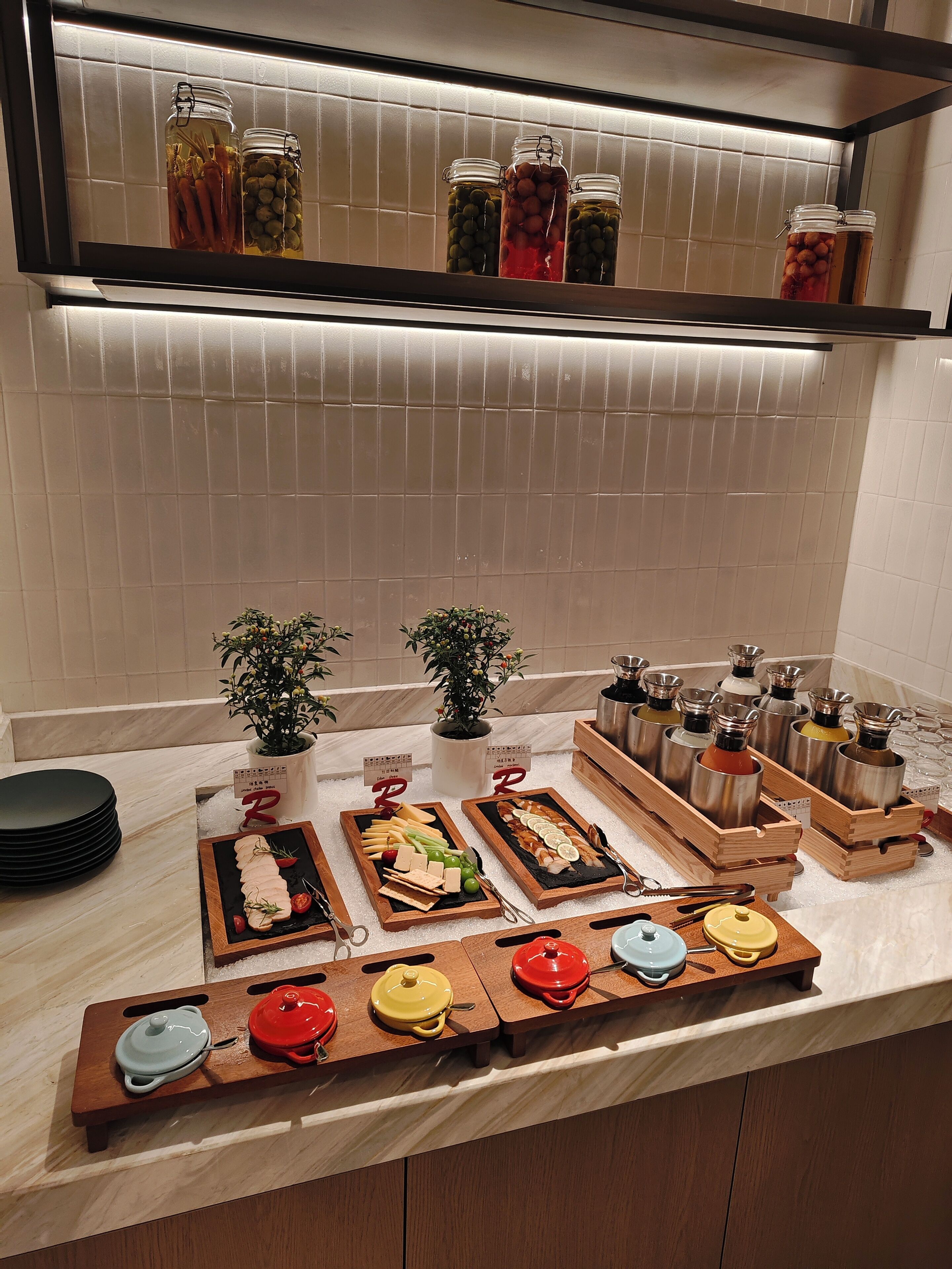Una encimera de cocina con exhibición de alimentos, frascos de pepinillos y plantas en macetas.