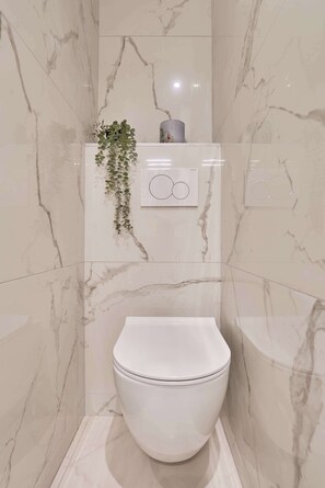 A bathroom with a white toilet, marble walls, a hanging plant, and a framed picture. - Suite with balcony & AC -Eiffel Tower-Beaugrenelle (Paris)