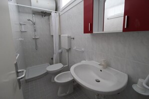 Ein Badezimmer mit Dusche, zwei Toiletten und einem Waschbecken.