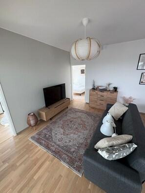 Apartamento superior, 2 quartos, sauna seca, vista para a cidade | Área de estar | Smart TV 55 polegadas com canais a cabo