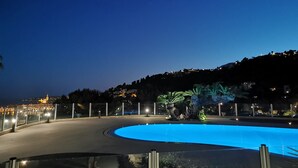 Ein szenischer Nachtblick auf ein Schwimmbecken mit geschwungener Kante, umgeben von einem Zaun und Palmen.