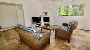 Un salón con dos sofás de mimbre, una televisión, una chimenea y un ventanal con vistas a la vegetación.