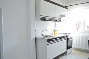 A kitchen with white cabinets, a stainless steel sink, a stove, and a window with a view of the outside. - Alexys Residence 4 cozy apartment in welcoming Iași with AC (Iași)