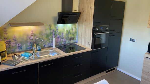 Una cocina moderna con estufa integrada, horno y una pared de acento de madera.