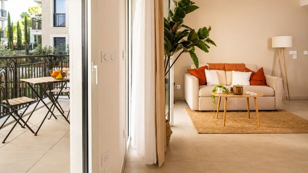 Um apartamento moderno com varanda, um sofá, uma mesa de centro e uma planta grande.