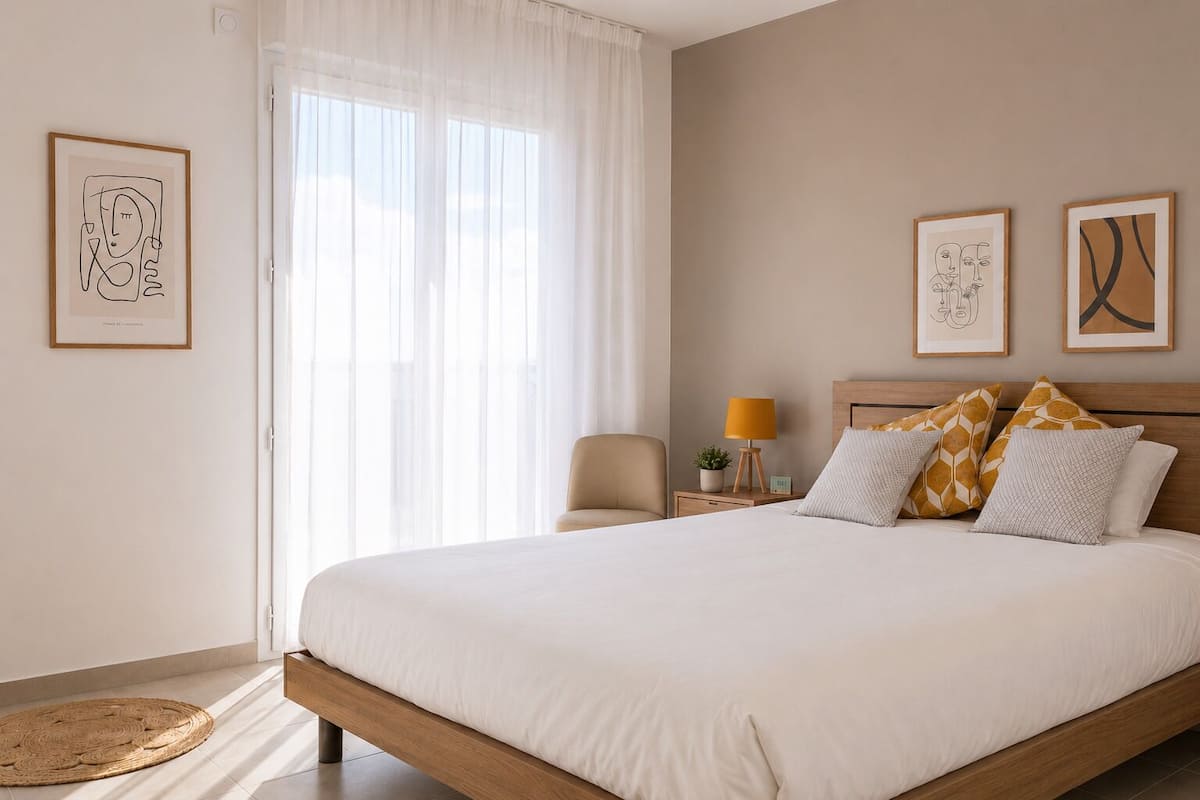 Une chambre à coucher comprenant un lit, une chaise, une table de chevet avec une lampe et des œuvres d’art accrochées aux murs.