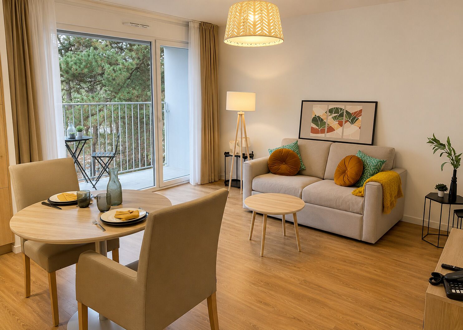 A modern living room with a sofa, a dining table, and a balcony with a view of trees.