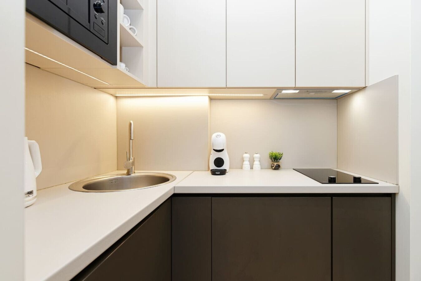 Fridge, microwave, stovetop, coffee/tea maker