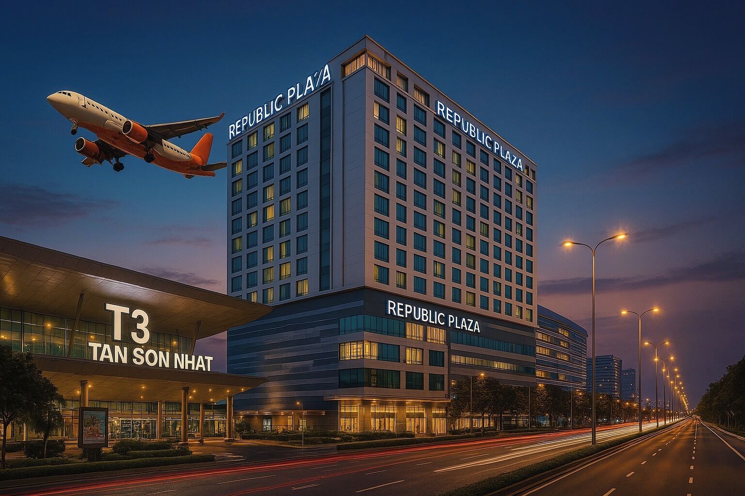 A hotel named Republic Plaza with a modern design, a T3 entrance, and a clear view of the road with light trails.