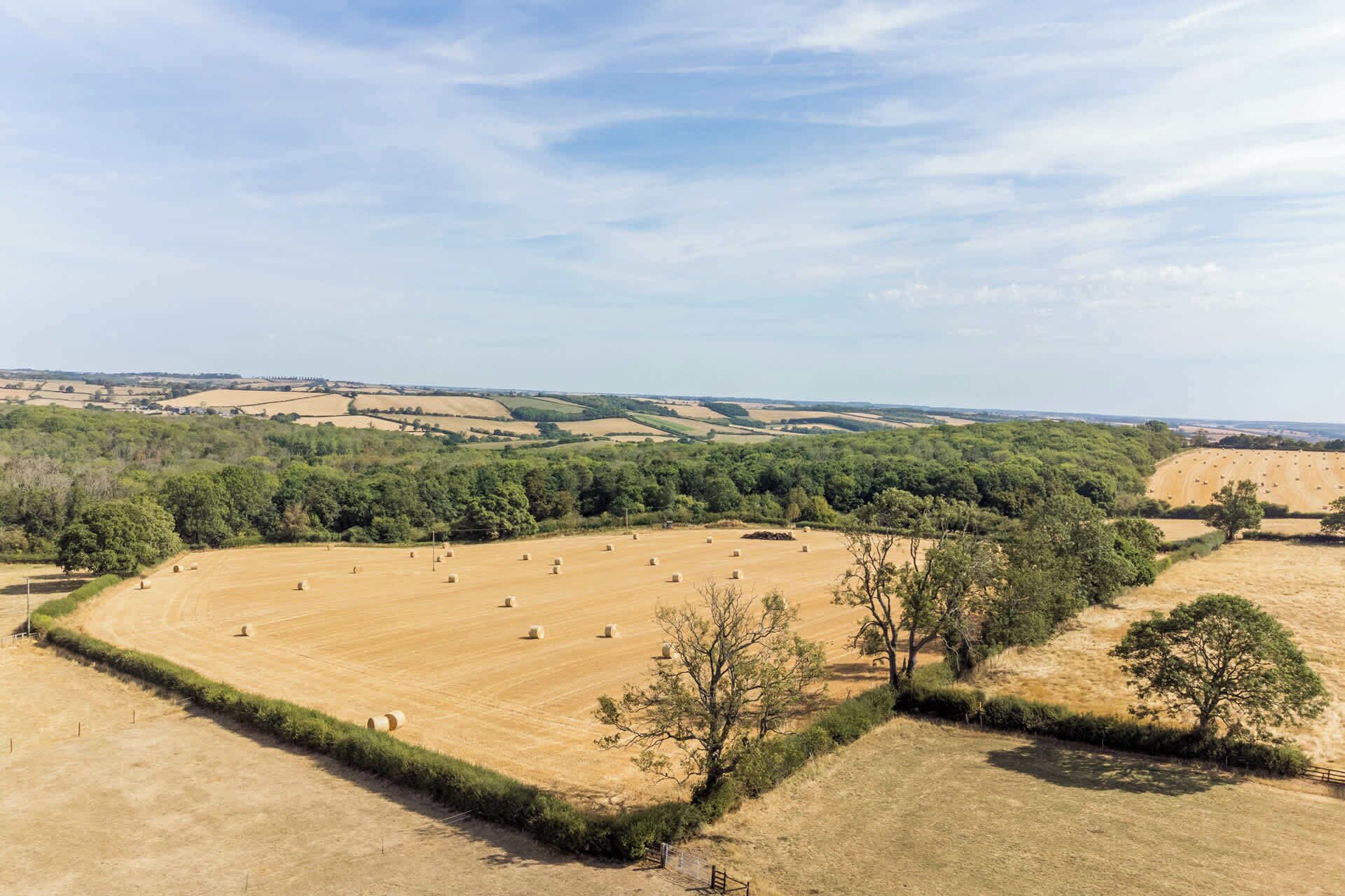Un paisaje rural extenso con colinas ondulantes, un gran campo abierto con fardos de heno y un bosque denso al fondo.