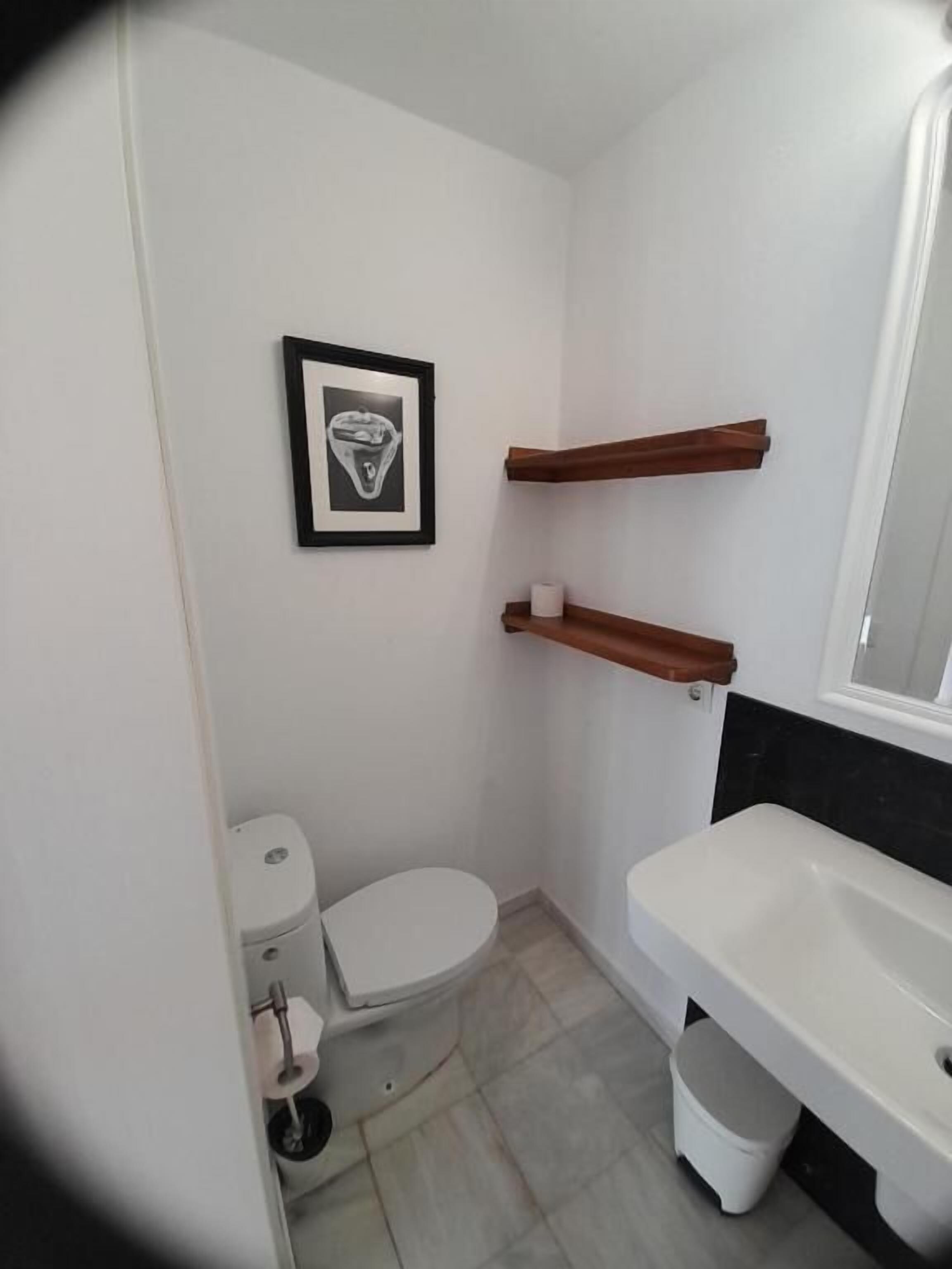A small bathroom with a toilet, a sink, and a framed picture on the wall.