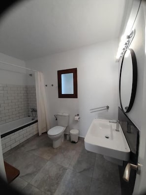 A bathroom with a toilet, sink, and shower.