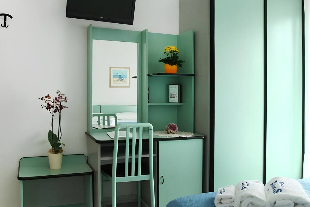 A bedroom with a bed, desk, chair, TV, wardrobe, and a small plant.