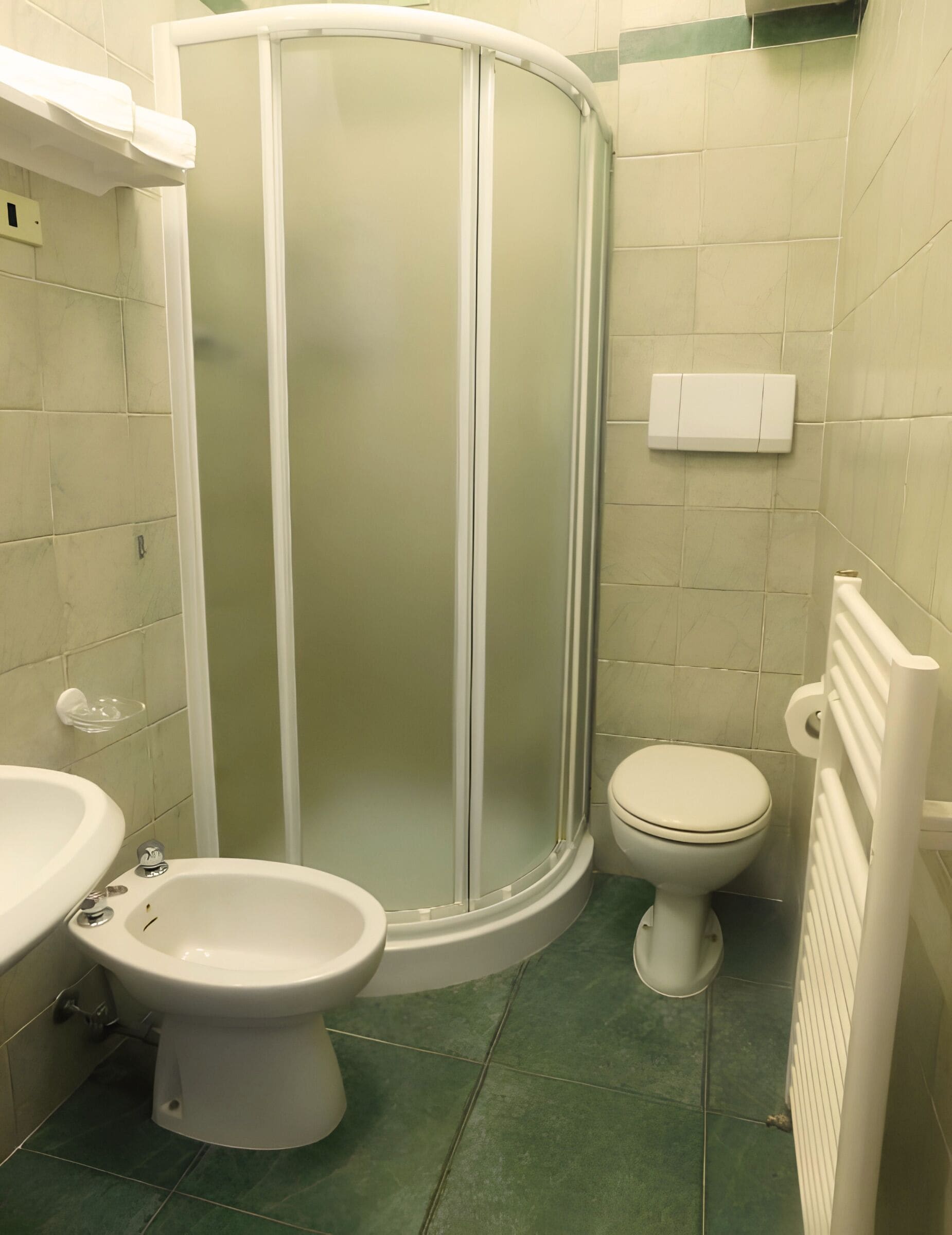 Un baño con cabina de ducha, inodoro y bidé.