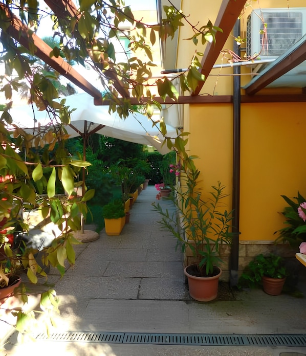 Un chemin bordé de plantes en pot mène à un espace abrité, surmonté d’un parasol blanc.